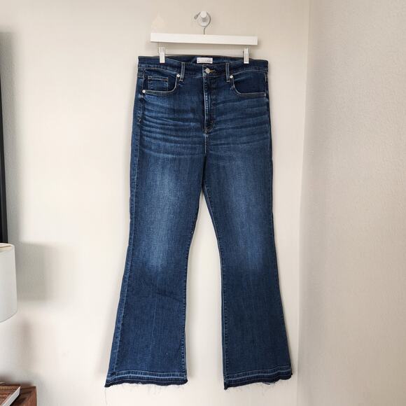 LOFT Blue Denim Raw Hem Slim Flare Jeans Distressed Hem Mid Rise 14 / 32W - Picture 1 of 9